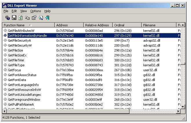 Dll export viewer - http://www.nirsoft.net/utils/dll_export_viewer.html DllExport
